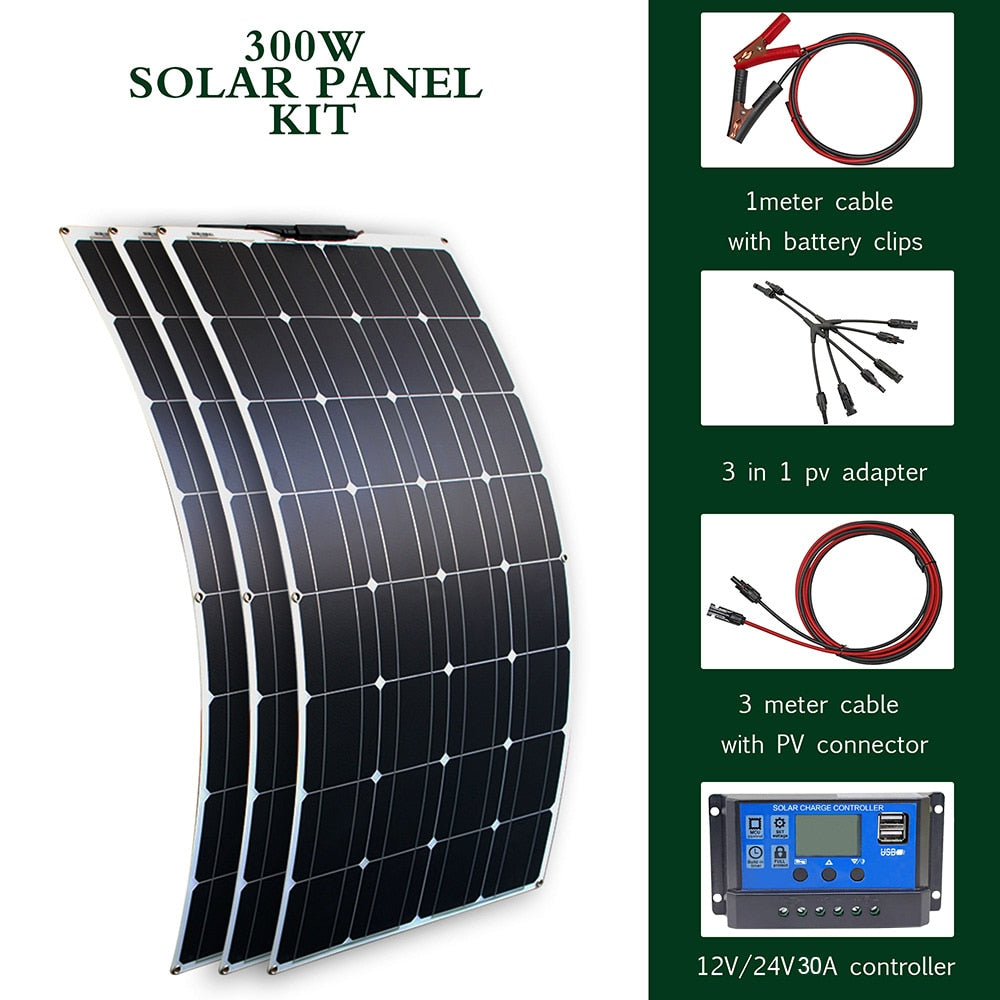 Solar panel kit and 300w 200w 100w flexible solar panels 12v 24v high efficiency battery