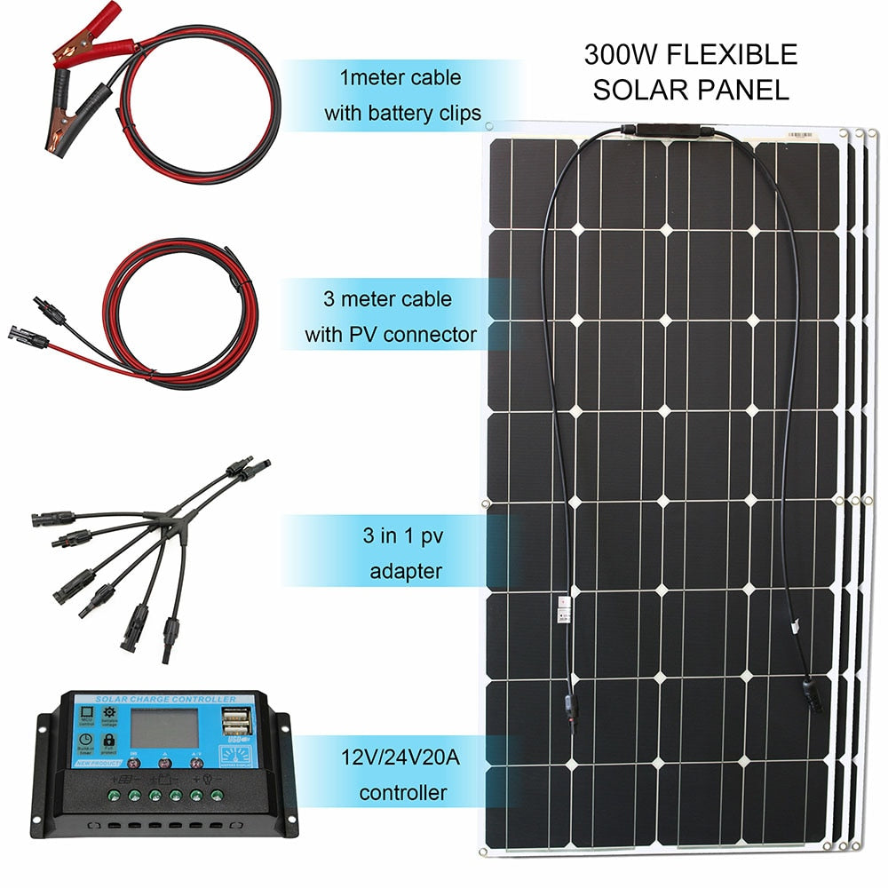 12v flexible solar panel kit 100w 200w 300w solar panels with solar controller for boat