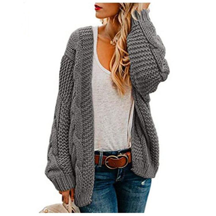 2021 spring and autumn new thick needle twist knit cardigan women&#39;s mid-length