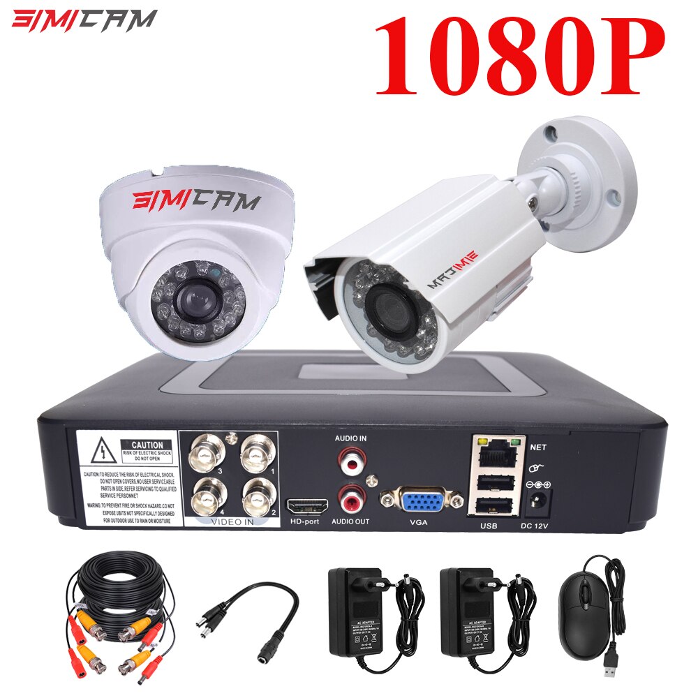 4CH DVR CCTV Security Camera System AHD Cameras Kit 1200TVL 2Pcs Dome Bullet