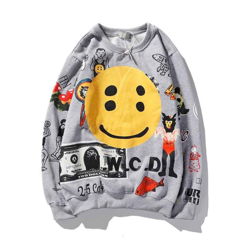 Harajuku Retro Smiley Flame Print Round Neck Sweatshirts Men and Women