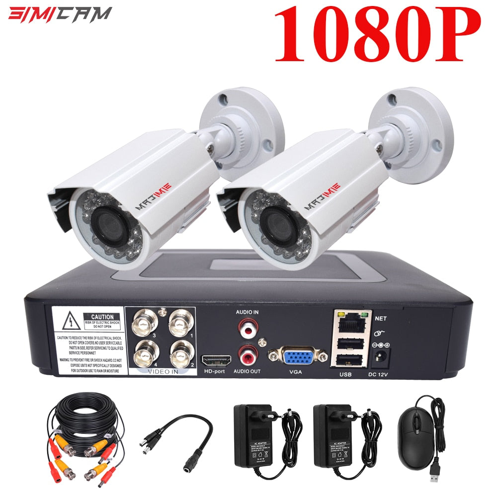 4CH DVR CCTV Security Camera System AHD Cameras Kit 1200TVL 2Pcs Dome Bullet