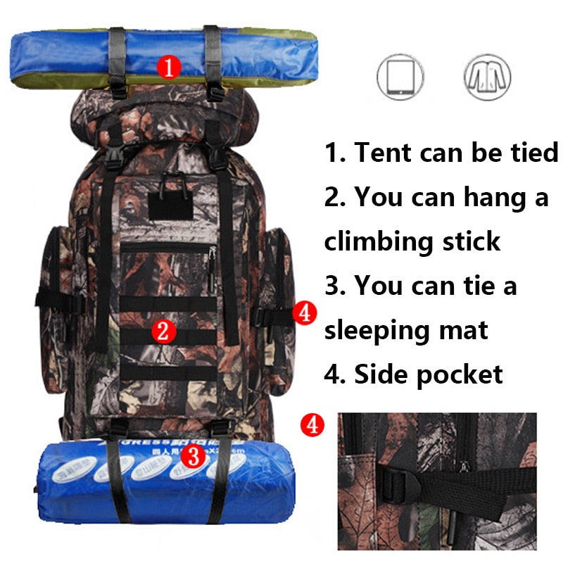 100L Large Capacity Waterproof Molle Camo Tactical Backpack Hiking Camping bag