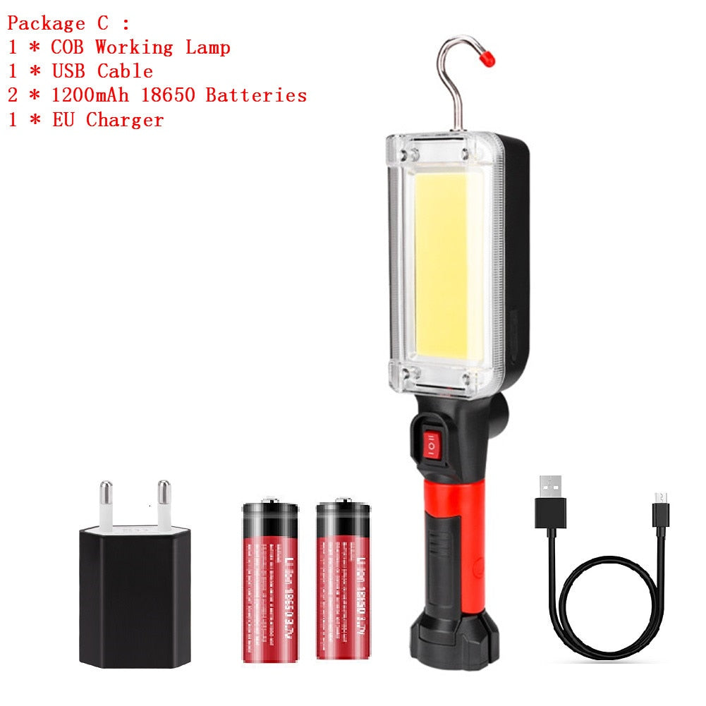 Portable Lantern Flashlight Power By 2*18650 Battery LED COB Magnetic Work Lighting