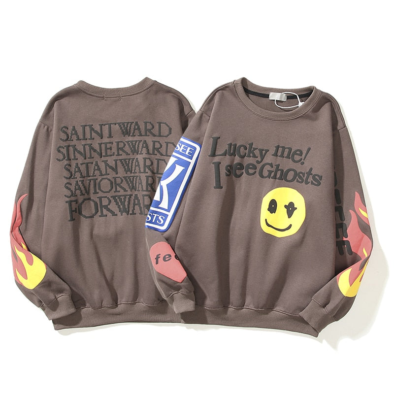 Harajuku Retro Smiley Flame Print Round Neck Sweatshirts Men and Women