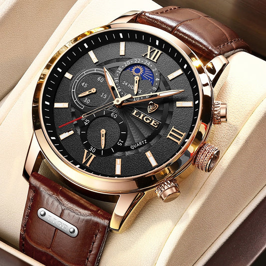 2022 LIGE Men&#39;s Watches Top Brand Luxury Men Wrist Watch Leather Quartz Watch