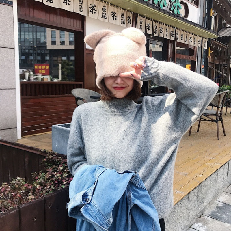 Draping rabbit ears rabbit fur hat women autumn and winter knitted wool hat winter