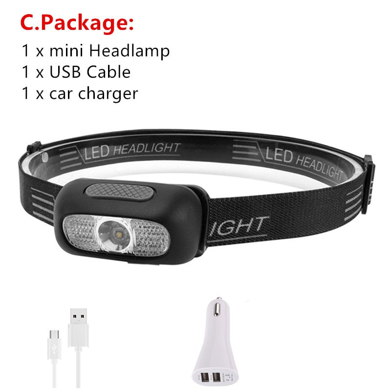 LED R5 Mini Headlamp red white Headlight USB Rechargeable Head Torch Flashlight Lamp