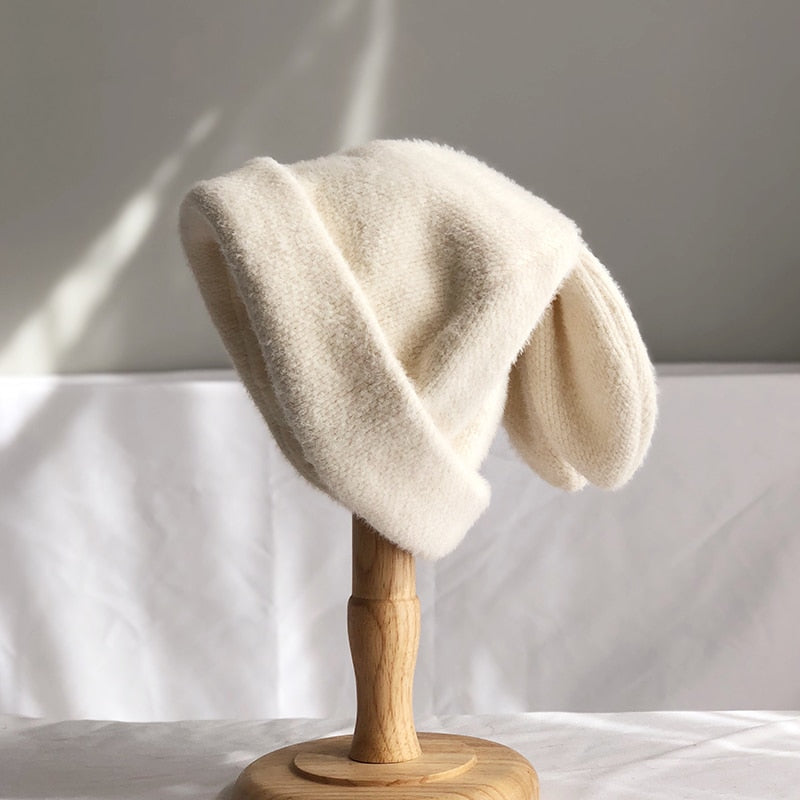 Draping rabbit ears rabbit fur hat women autumn and winter knitted wool hat winter