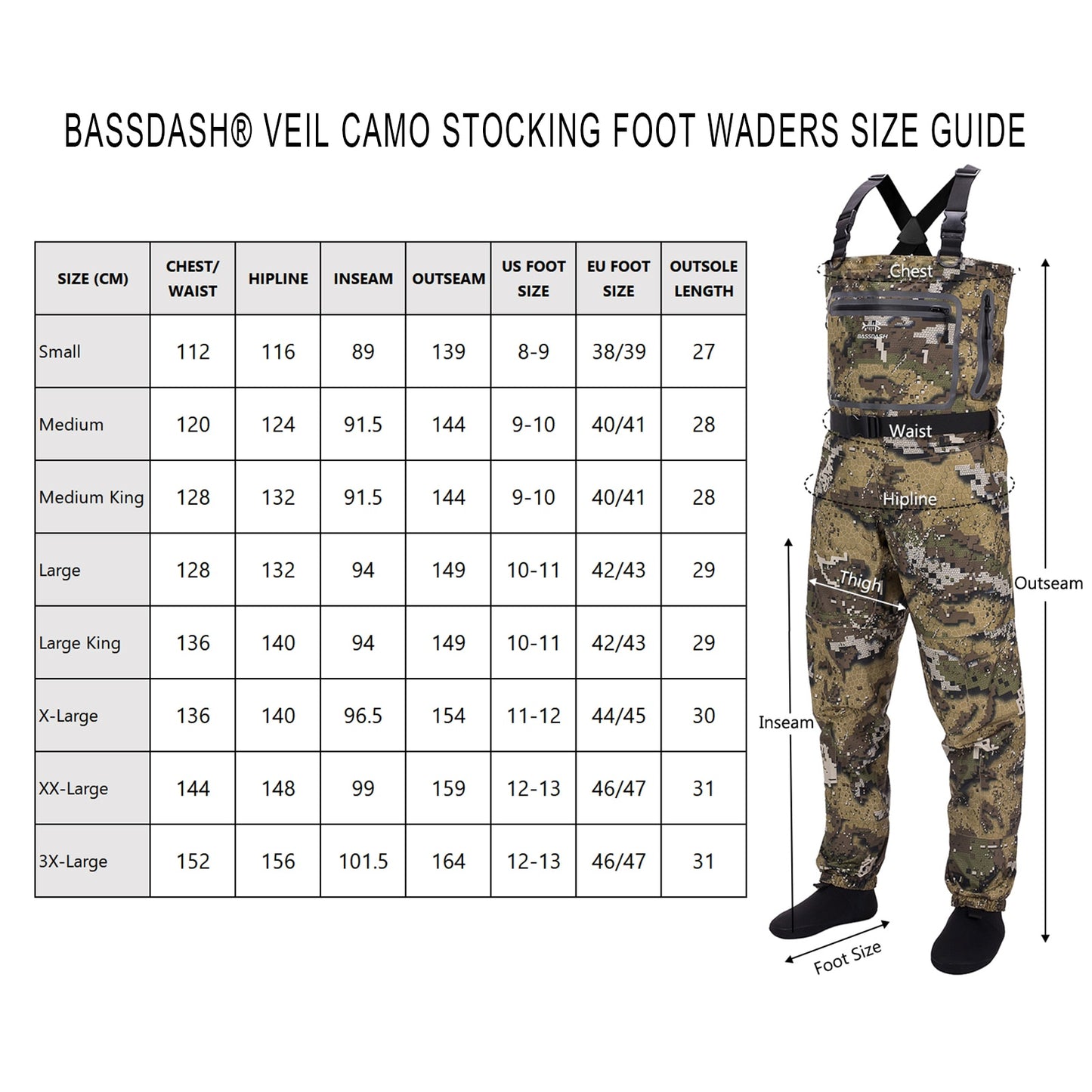 Bassdash Veil Camo Chest Stocking Foot and Boot Foot Fishing Hunting Waders for Men