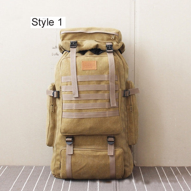 60L Large Military Bag Canvas Backpack Tactical Bags Camping Hiking Rucksack