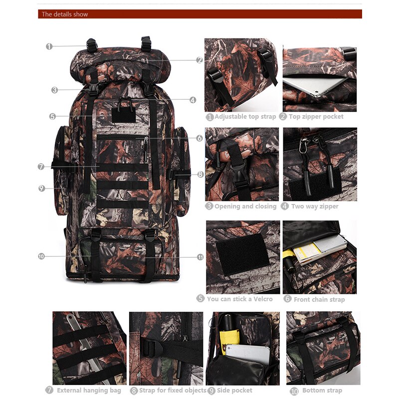 100L Large Capacity Waterproof Molle Camo Tactical Backpack Hiking Camping bag