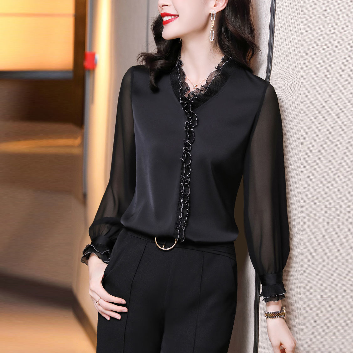 Lace Ruffles Chiffon Shirts Women&#39;s Clothing 2021 Autumn Winter New Office Lady