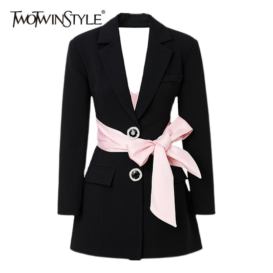 TWOTWINSTYLE Colorblock Casual Women's Autumn Coat Notched Long Sleeve