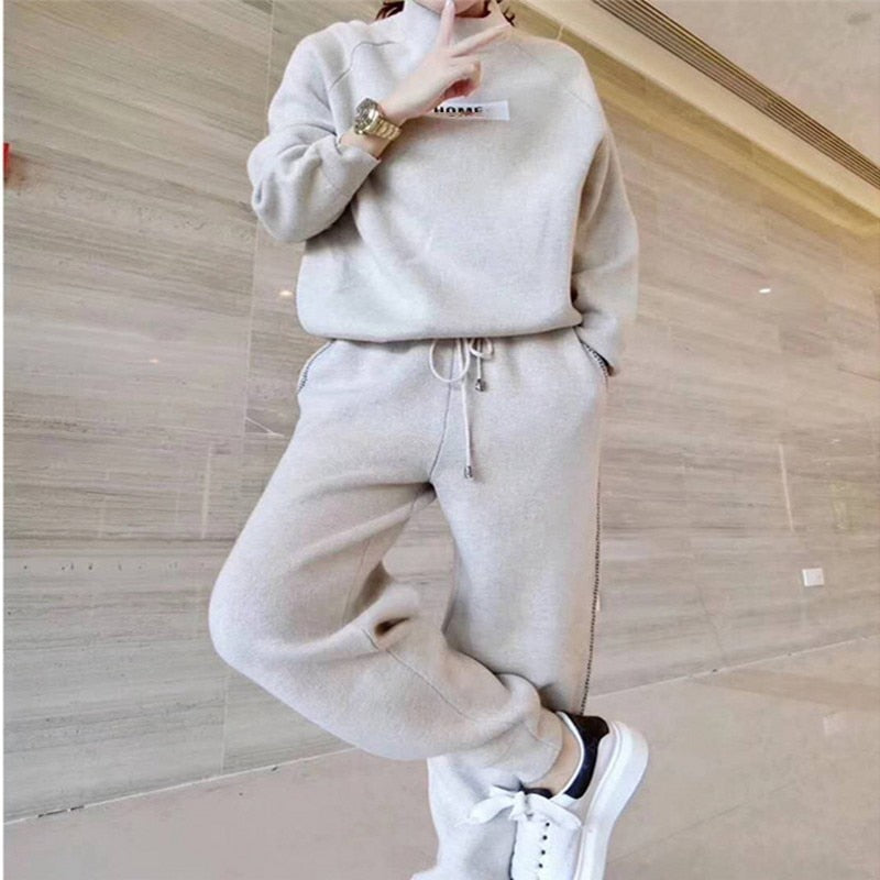 autumn winter Knitted Women&#39;s Sweater Pants Suit Ankle-length Sports Suits