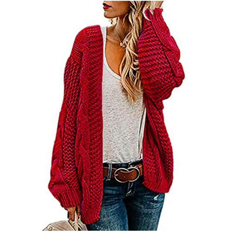 2021 spring and autumn new thick needle twist knit cardigan women&#39;s mid-length