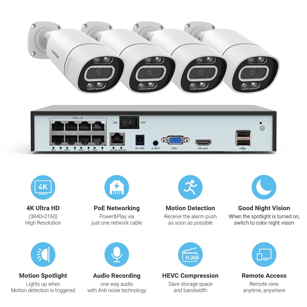 H.View 8Ch 5Mp 8Mp 4K Cctv Security Cameras Systems Home Video Surveillance