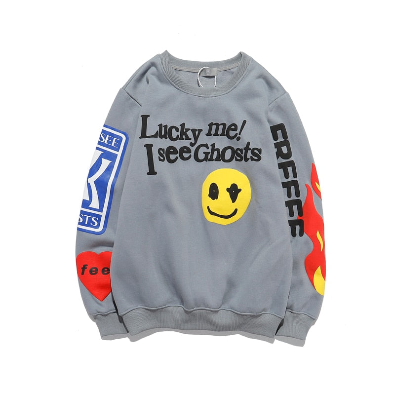 Harajuku Retro Smiley Flame Print Round Neck Sweatshirts Men and Women