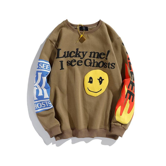 Harajuku Retro Smiley Flame Print Round Neck Sweatshirts Men and Women