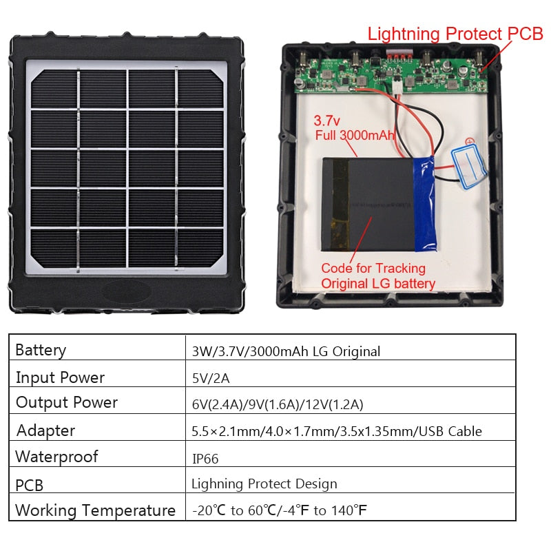 WG3000 Trail Cameras Solar Panel Charger 3000mAh Solar Power Supply Charger Battery