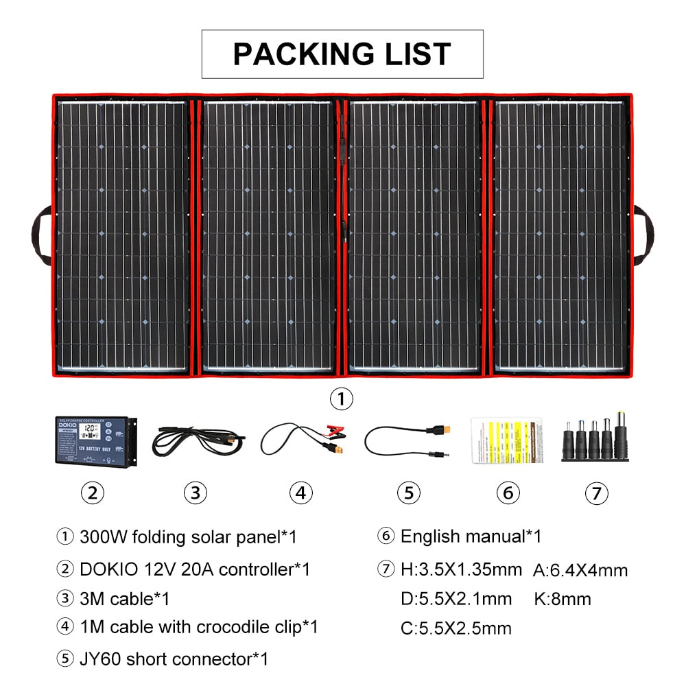 Dokio 300W 12V/18V High Efficience Monocrystalline Flexible Foldable Portable