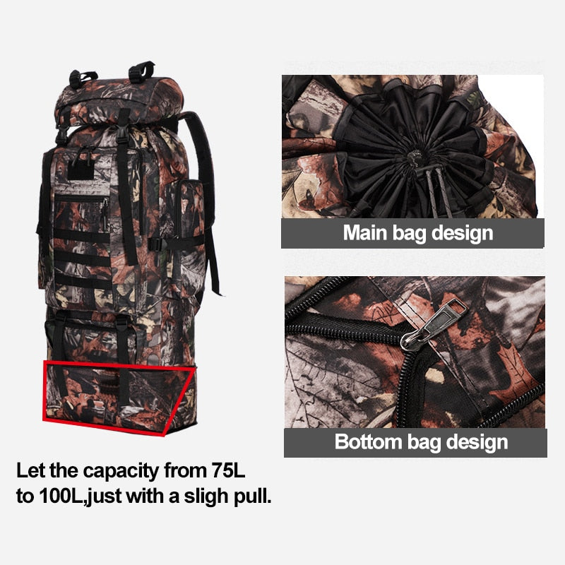 100L Large Capacity Waterproof Molle Camo Tactical Backpack Hiking Camping