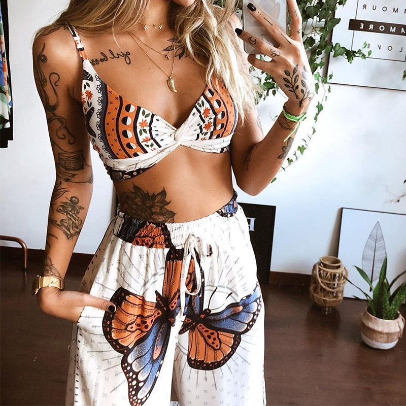 2022 Summer Women Fashion 2 Pieces Set Tracksuit Boho Print Sexy Sleeveless Crop