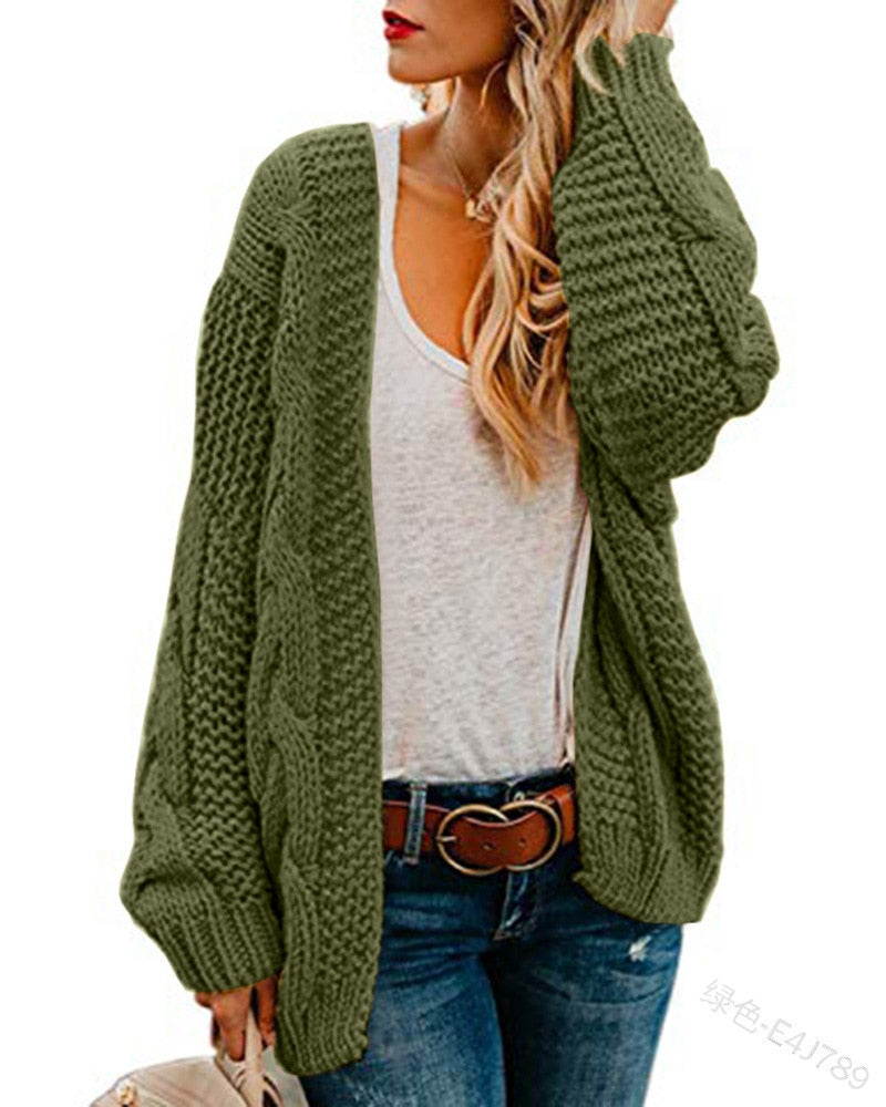 2021 spring and autumn new thick needle twist knit cardigan women&#39;s mid-length