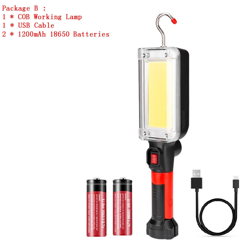 Portable Lantern Flashlight Power By 2*18650 Battery LED COB Magnetic Work Lighting