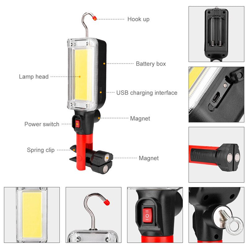 Portable Lantern Flashlight Power By 2*18650 Battery LED COB Magnetic Work Lighting