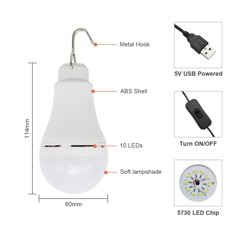 Portable Lanterns 5W USB LED Bulb Light With Switch Button Home Emergency Night