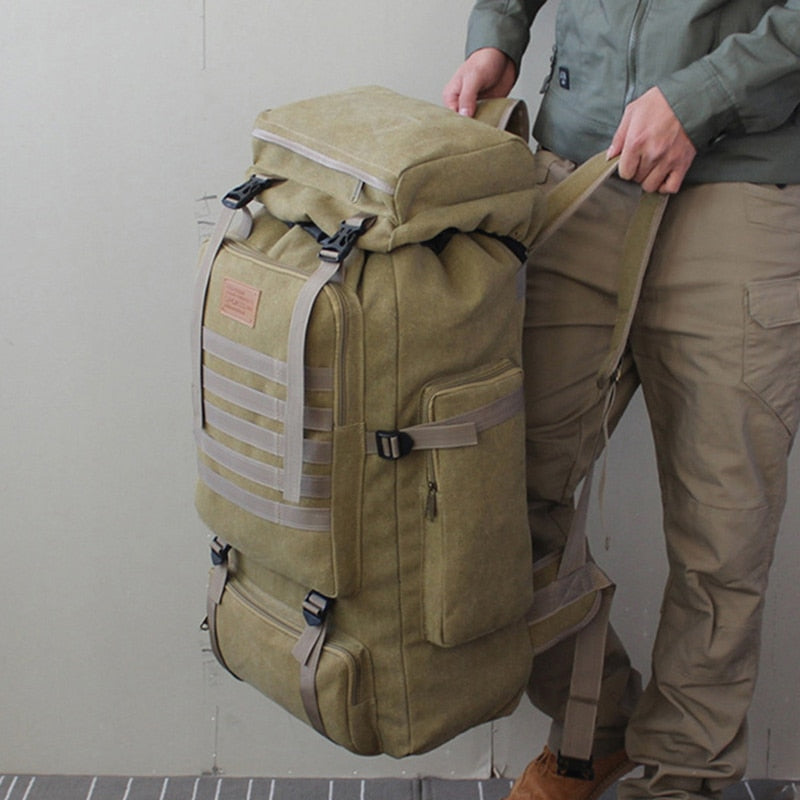 60L Large Military Bag Canvas Backpack Tactical Bags Camping Hiking Rucksack