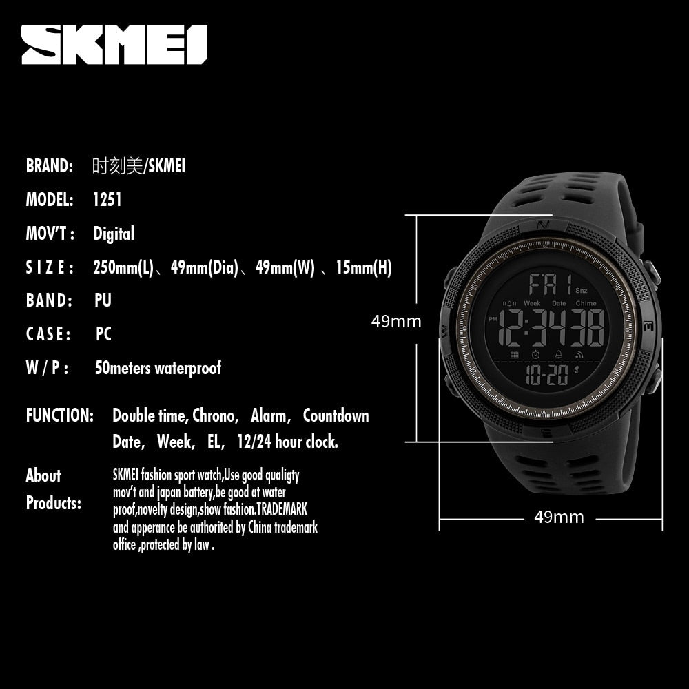 SKMEI Brand Men Sports Watches Fashion Chronos Countdown Waterproof LED Digital