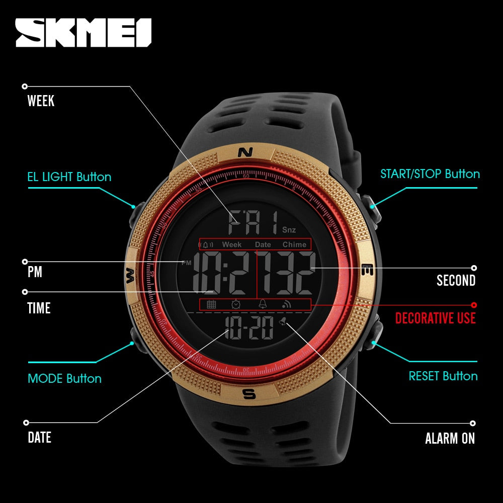 SKMEI Brand Men Sports Watches Fashion Chronos Countdown Waterproof LED Digital