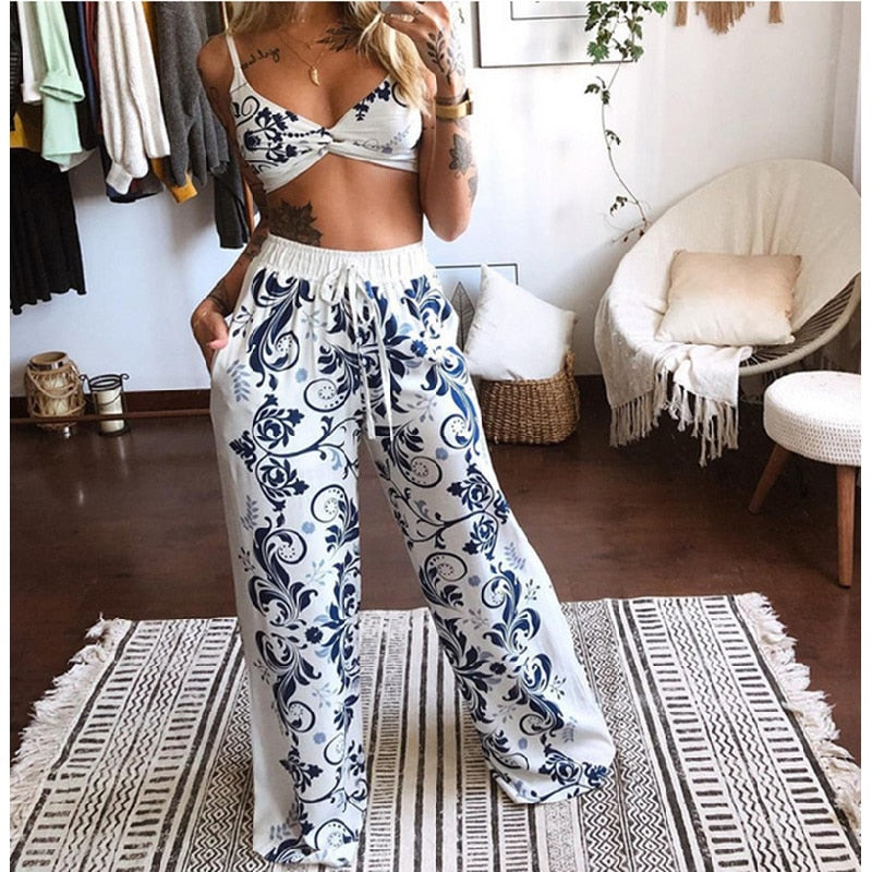 2022 Summer Women Fashion 2 Pieces Set Tracksuit Boho Print Sexy Sleeveless Crop