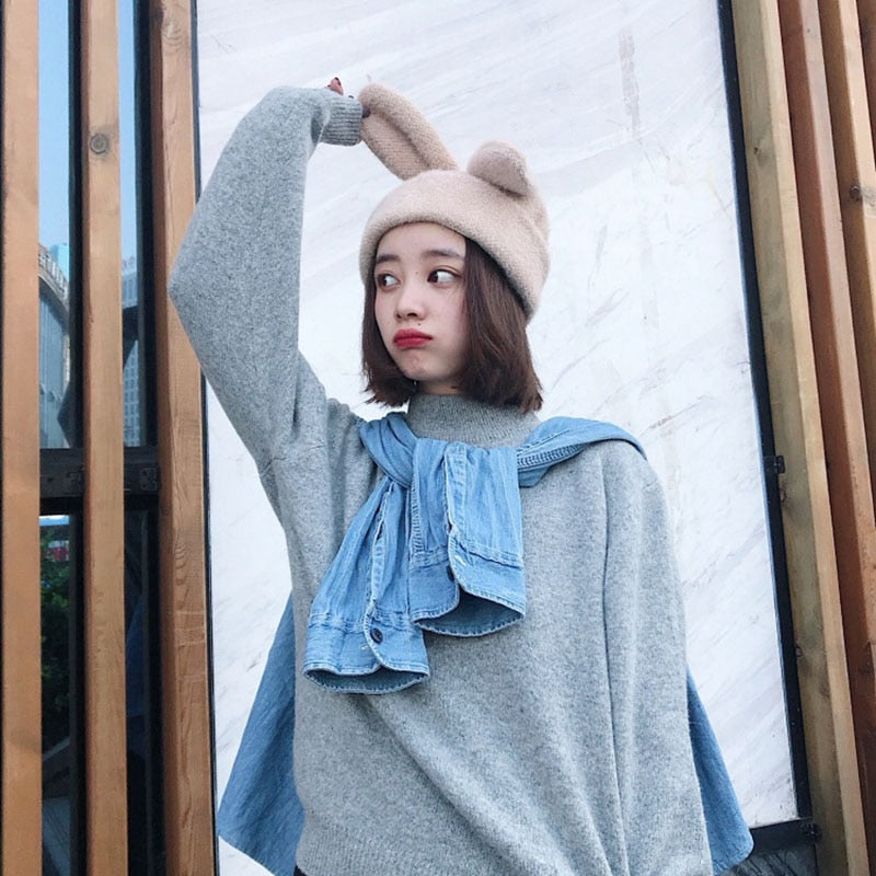 Draping rabbit ears rabbit fur hat women autumn and winter knitted wool hat winter