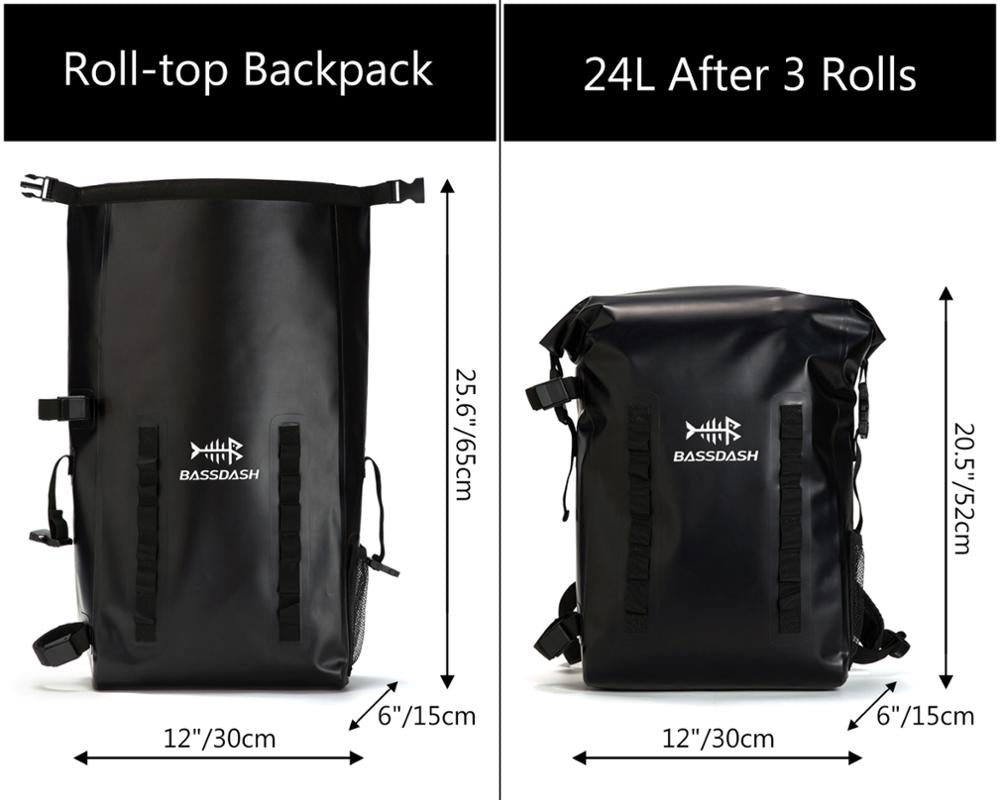 Bassdash Waterproof TPU Backpack 24L Roll-Top Dry Bag with Rod Holder for Fishing