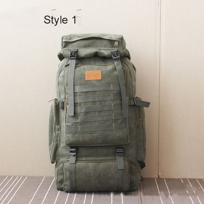 60L Large Military Bag Canvas Backpack Tactical Bags Camping Hiking Rucksack