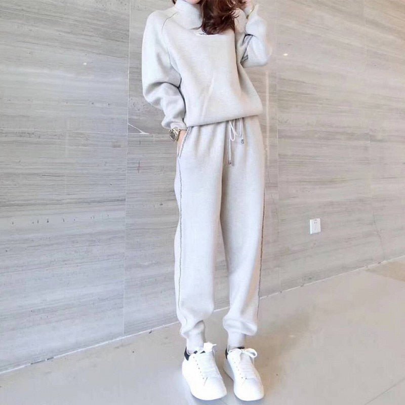 autumn winter Knitted Women&#39;s Sweater Pants Suit Ankle-length Sports Suits