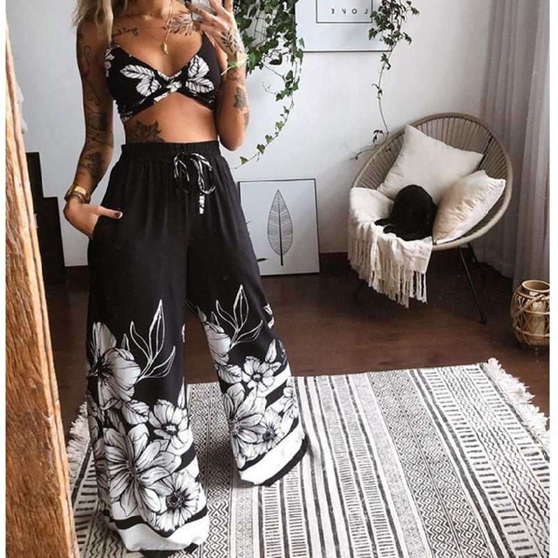 2022 Summer Women Fashion 2 Pieces Set Tracksuit Boho Print Sexy Sleeveless Crop