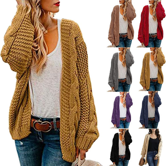 2021 spring and autumn new thick needle twist knit cardigan women&#39;s mid-length