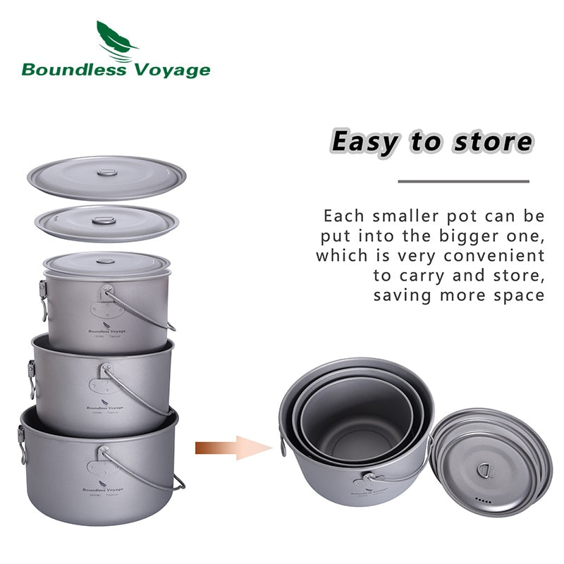 Boundless Voyage 2900ml 1950ml 1300ml Big Capacity Titanium Camping Pot Water Cup