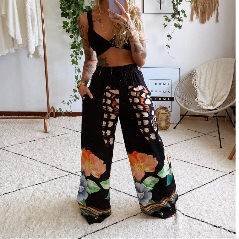 2022 Summer Women Fashion 2 Pieces Set Tracksuit Boho Print Sexy Sleeveless Crop