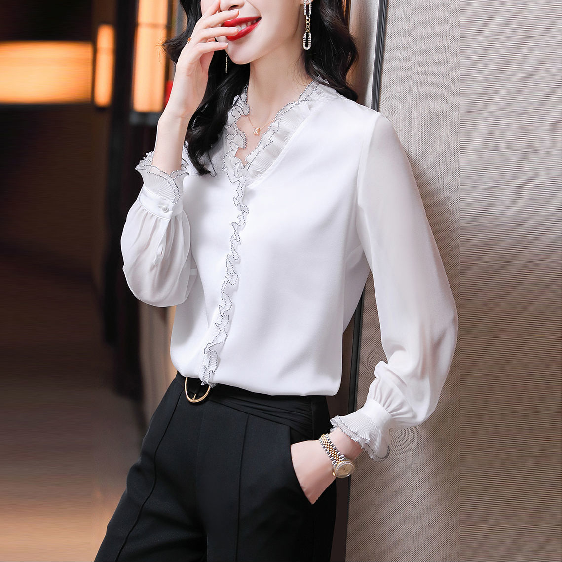 Lace Ruffles Chiffon Shirts Women&#39;s Clothing 2021 Autumn Winter New Office Lady