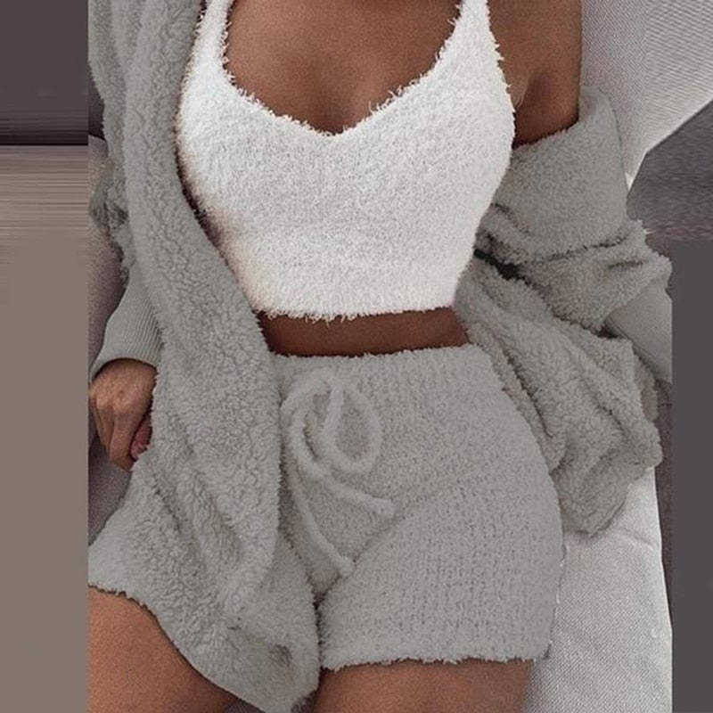 GAOKE Winter Autumn Three Pieces Set Hoodie Top And Short Tracksuit Women