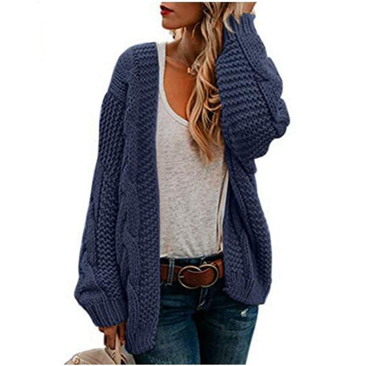 2021 spring and autumn new thick needle twist knit cardigan women&#39;s mid-length