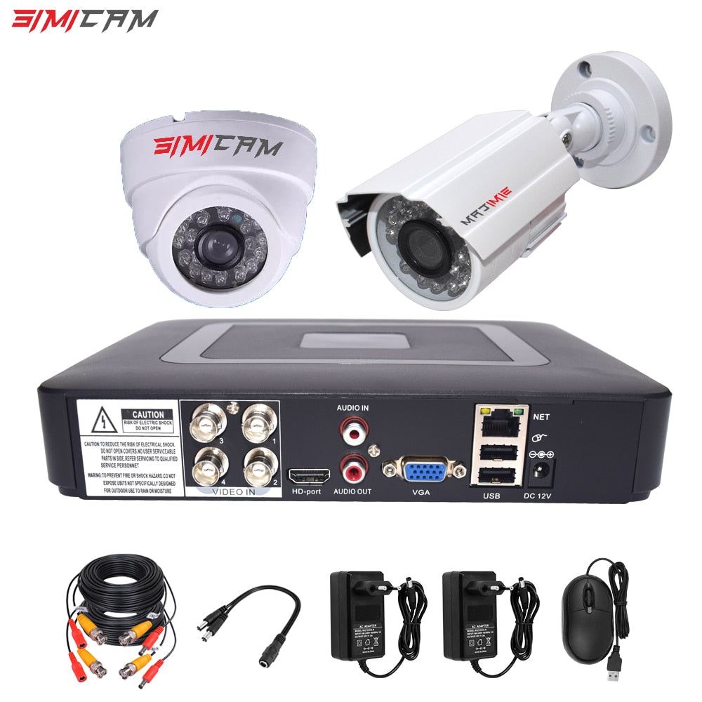 4CH DVR CCTV Security Camera System AHD Cameras Kit 1200TVL 2Pcs Dome Bullet