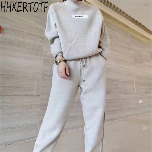 autumn winter Knitted Women&#39;s Sweater Pants Suit Ankle-length Sports Suits