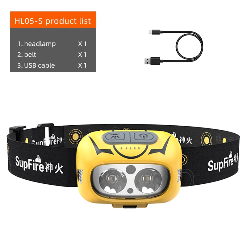 Supfire HL05-S Powerful LED Headlamp Yellow/White Light Camping Lantern Motion Sensor