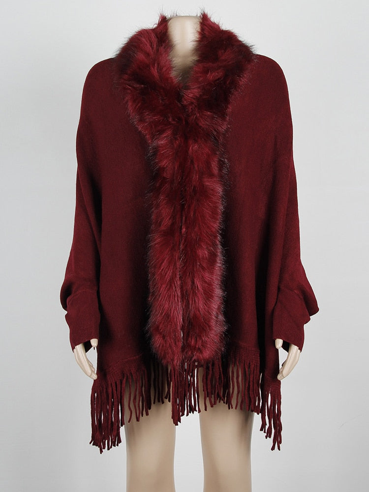 Fitshinling Fur Collar Winter Shawls And Wraps Bohemian Fringe Oversized Womens